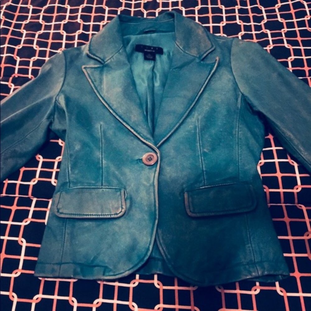 NWOT Arden B Teal Distressed Leather Jacket XS